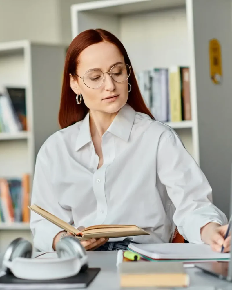 Redhead tutor engaging online learning in library Redhead tutor engaging online learning in library